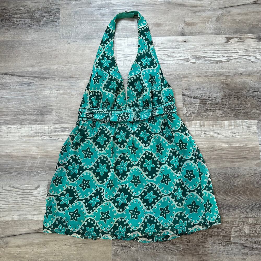 Vintage Milly NY Silk Halter Mini Dress Teal Floral Y2K Party Backless Size 2